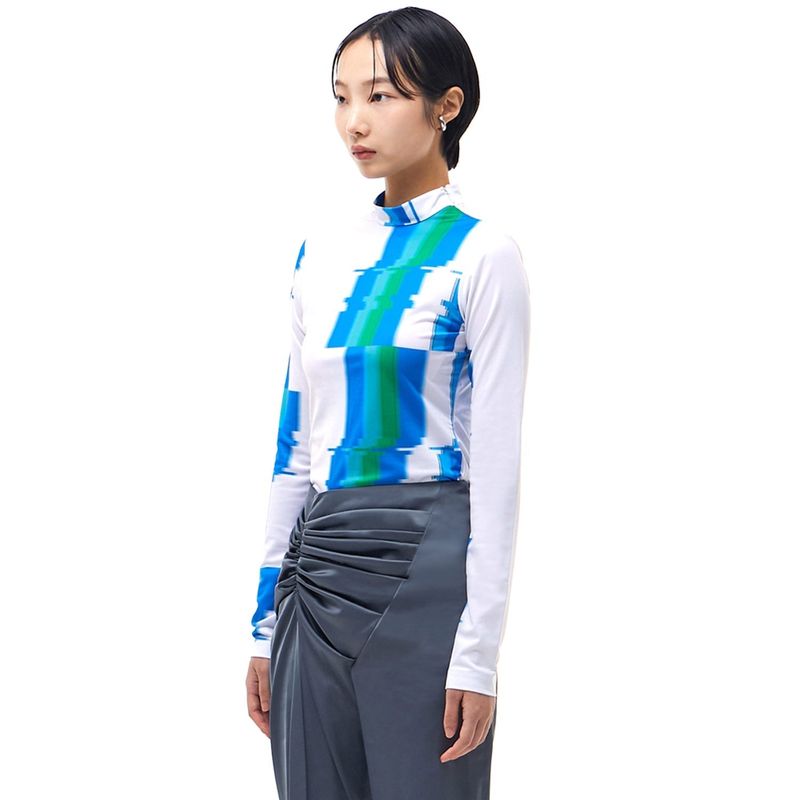Glitch Print Mock Neck T-Shirt_Blue