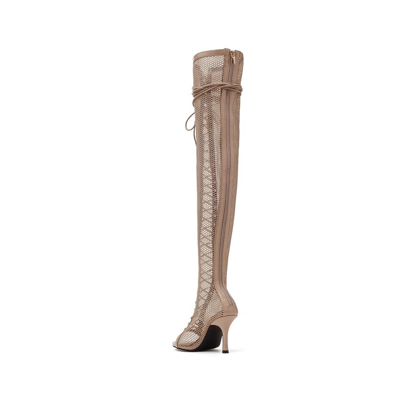Mesh Lace-Up Open Toe Boots Heel(Beige)
