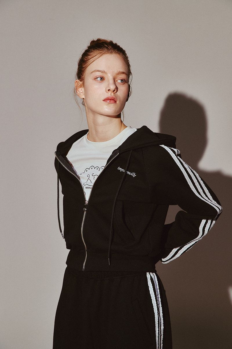 Lace Tape Hood Zip-Up Black