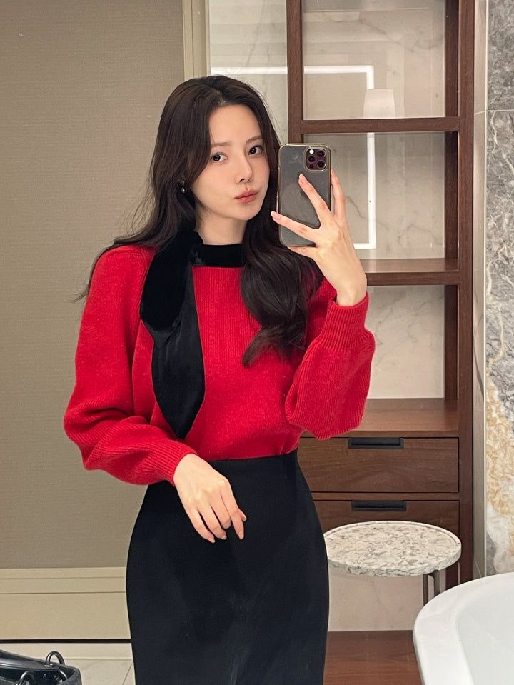 iam mari（アイアム マリ）の「Nael Velvet Tie Pearl Puff Knit（Tops）」