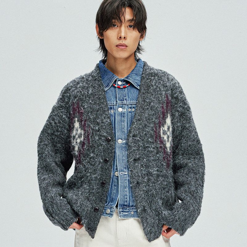 KND（ケイエンド）の「chimayo pattern brushed cardigan grey（Tops）」