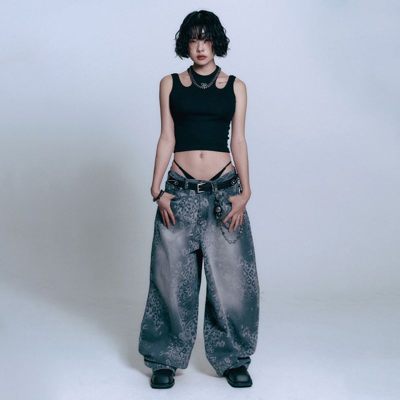 Sun Patch Leopard Balloon Denim Pants - BLACK