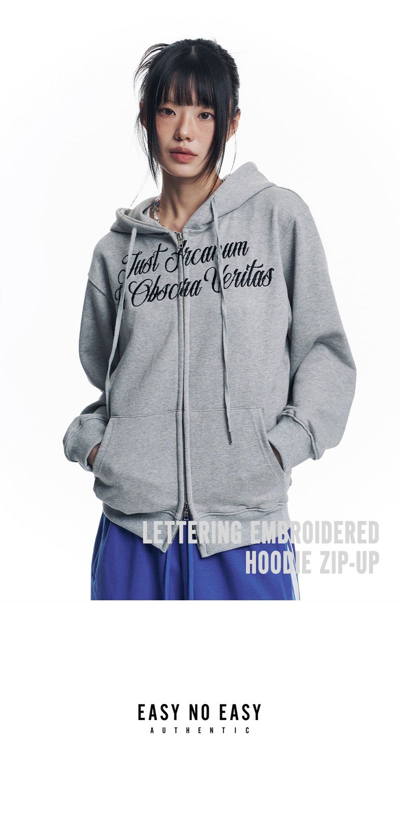 Lettering Embroidered Hoodie Zip-Up - Gray
