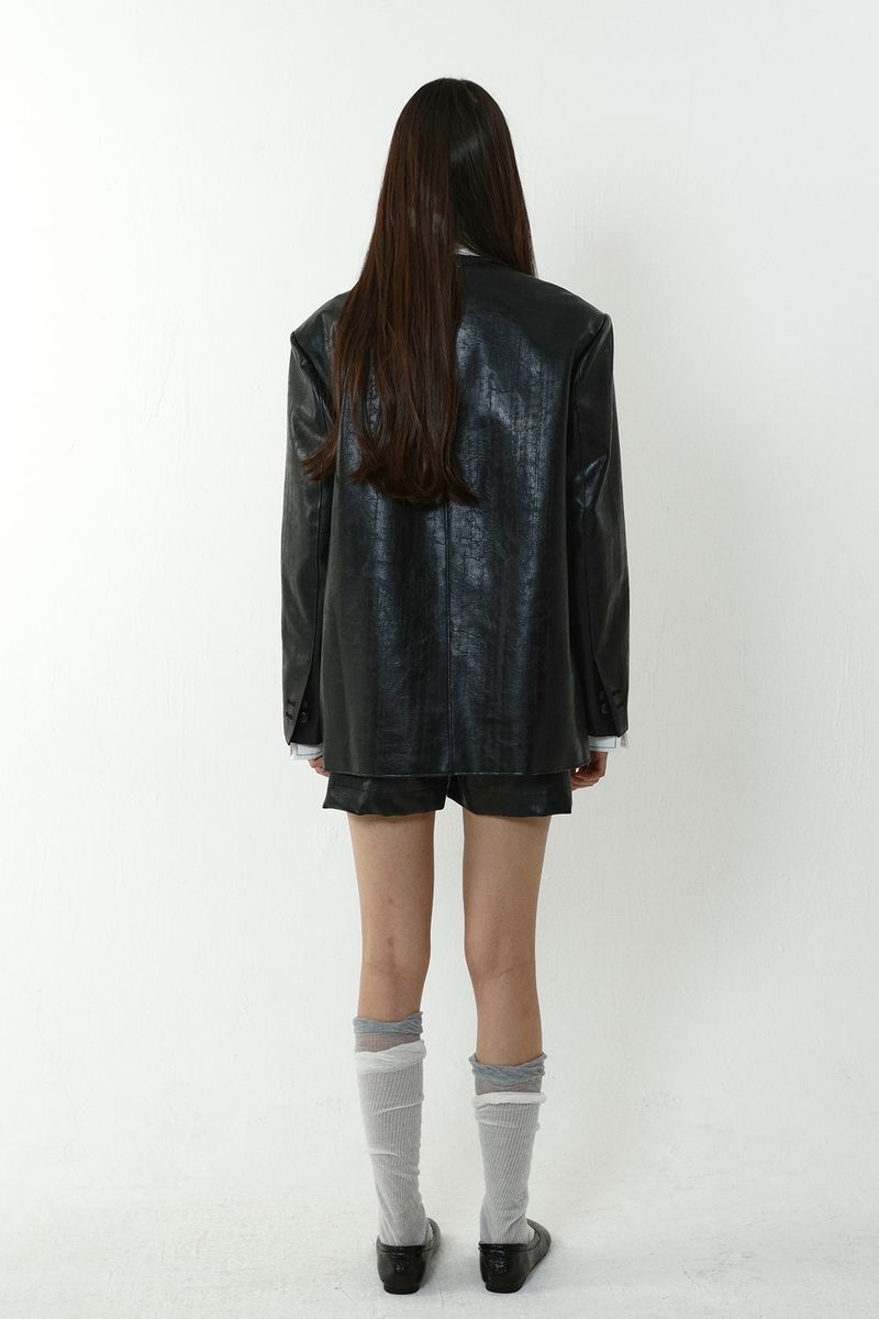 COLLARLESS CRACKED LEATHER JACKET_BLACK