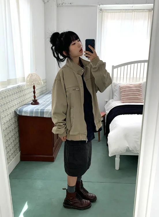 [unisex] Leare Two-Button Washing High-Neck Zip-Up Jacket