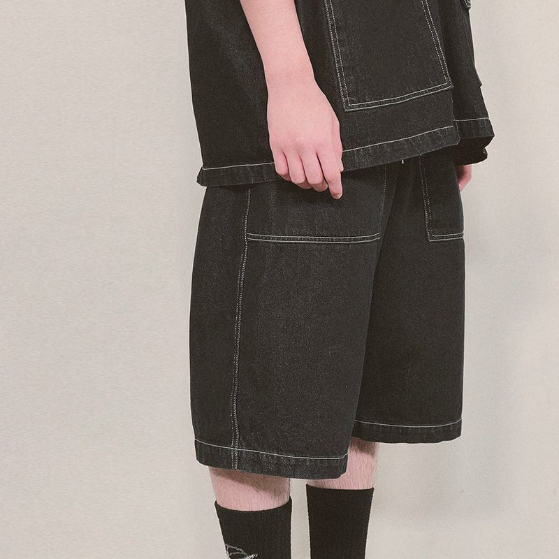 denim stitch shorts_black