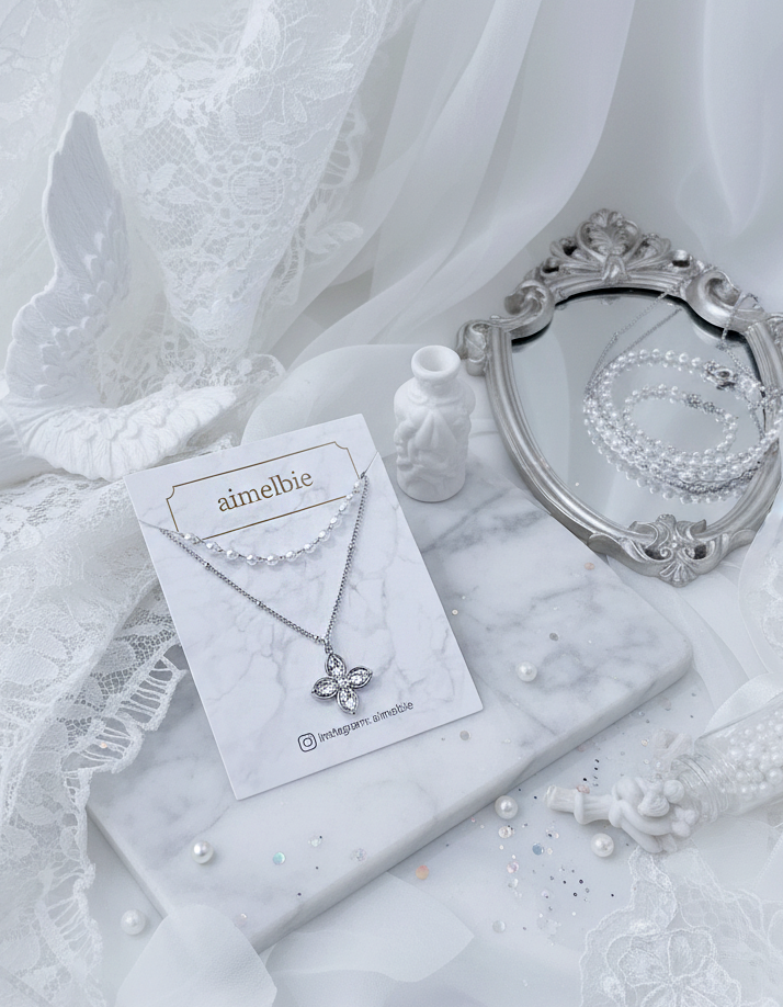 [NMIXX ジウ Necklace] ルナ ブロッサム レイヤード ネックレス - Silver color