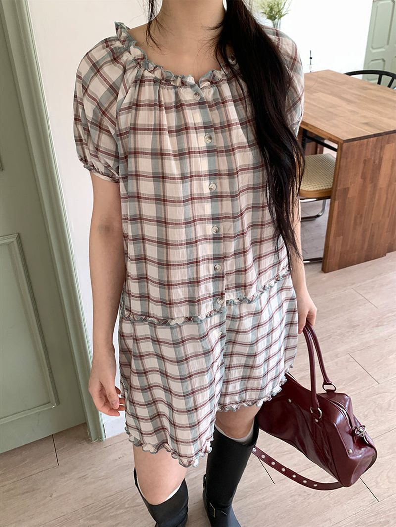 SAGE CHECK FRILL DRESS (2C)