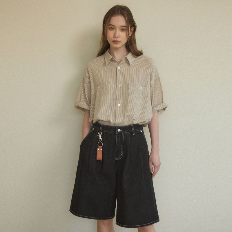 Bermuda Two-Tuck Washed Denim Pants_4Color