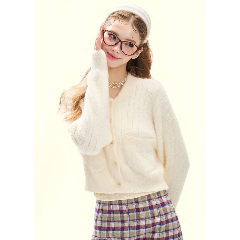 [GirlyFancyClub] White Lovers* Soft Fufu Milk White Sable Fur Knit Short Cardigan Coat