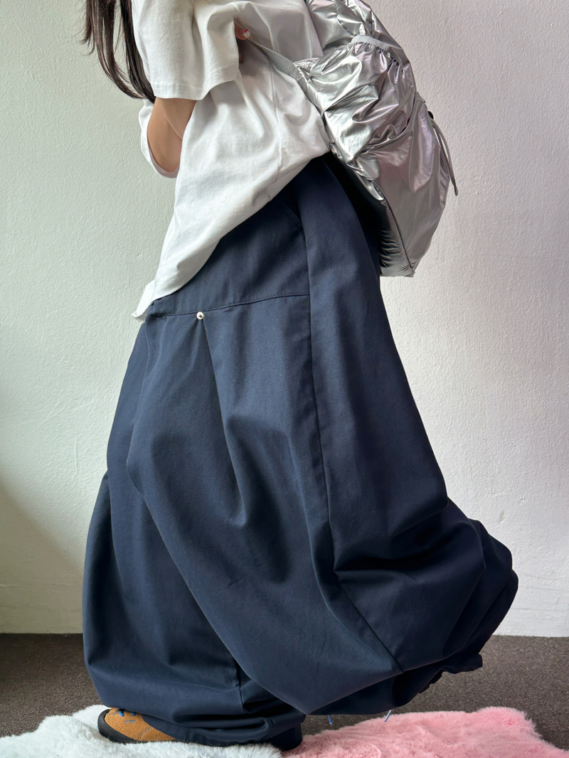 KOREAN/STRING 🩵 STUD RIVET POINT FRONT SLIT OVER HIP BALLOON WIDE LONG PANTS 🩶🖤🩵 - 3 COLORS