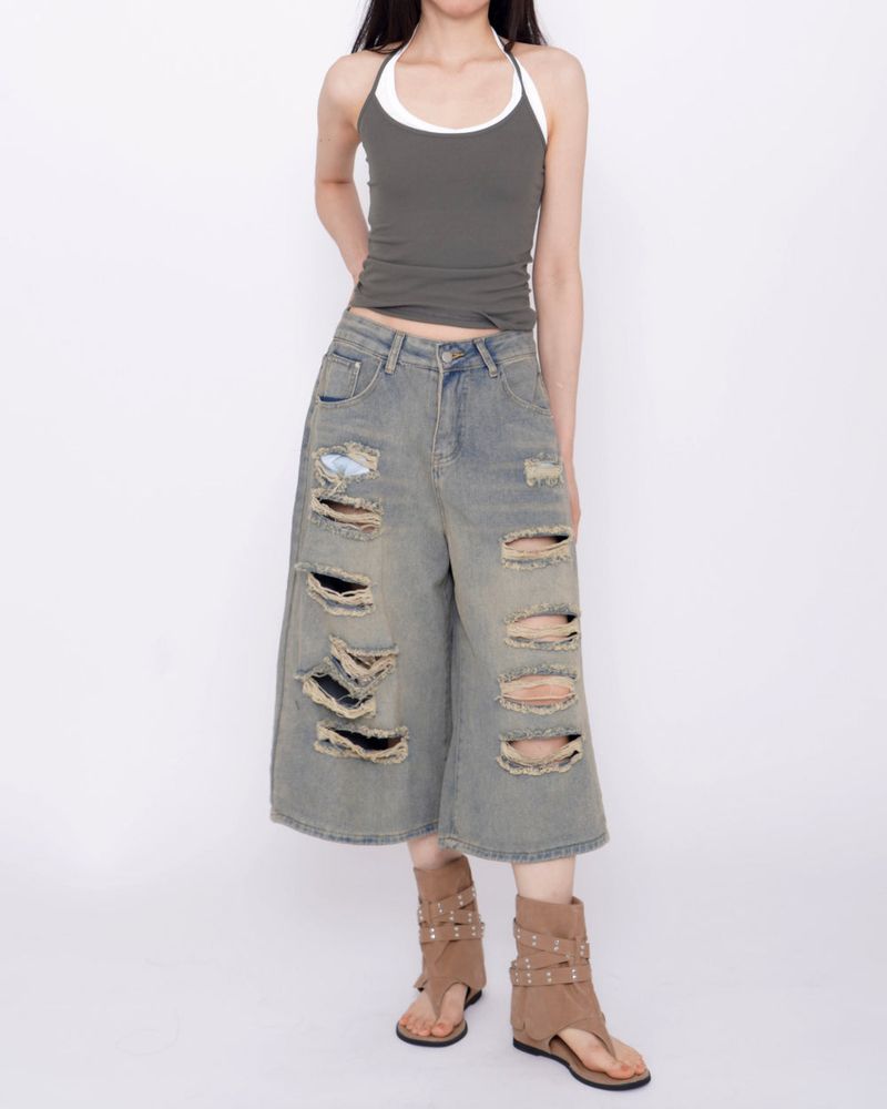 Terran Wide Distressed Bermuda Denim Pants