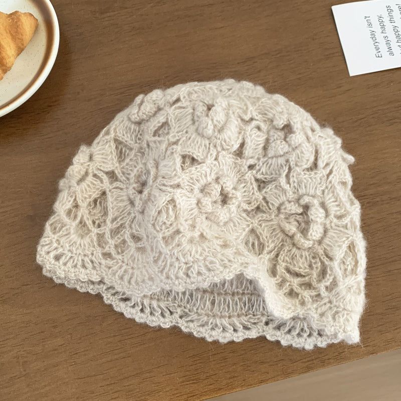 Lovely lace flower pattern handmade knit cap