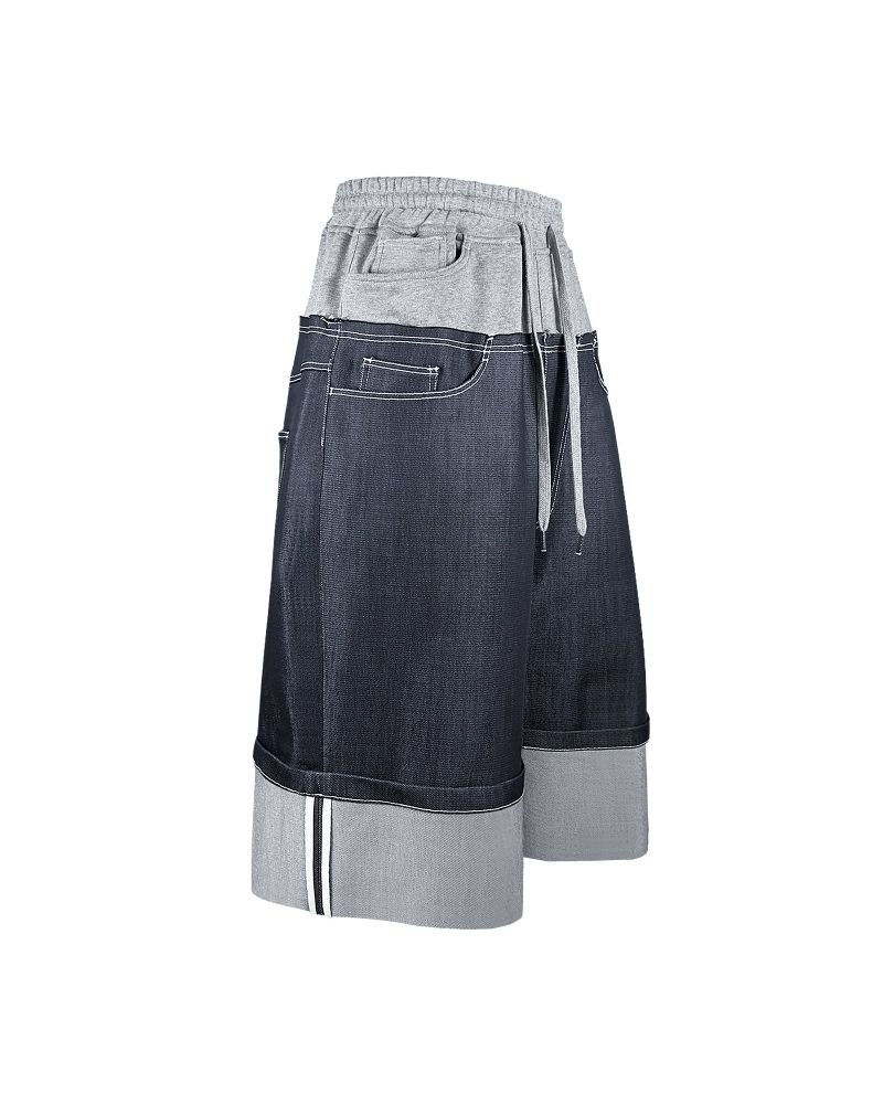 DENIM X SWEAT LAYERED ROLL UP SHORTS