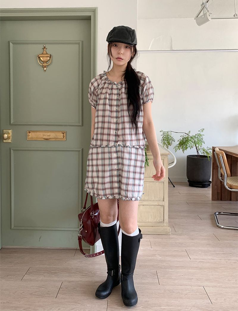SAGE CHECK FRILL DRESS (2C)
