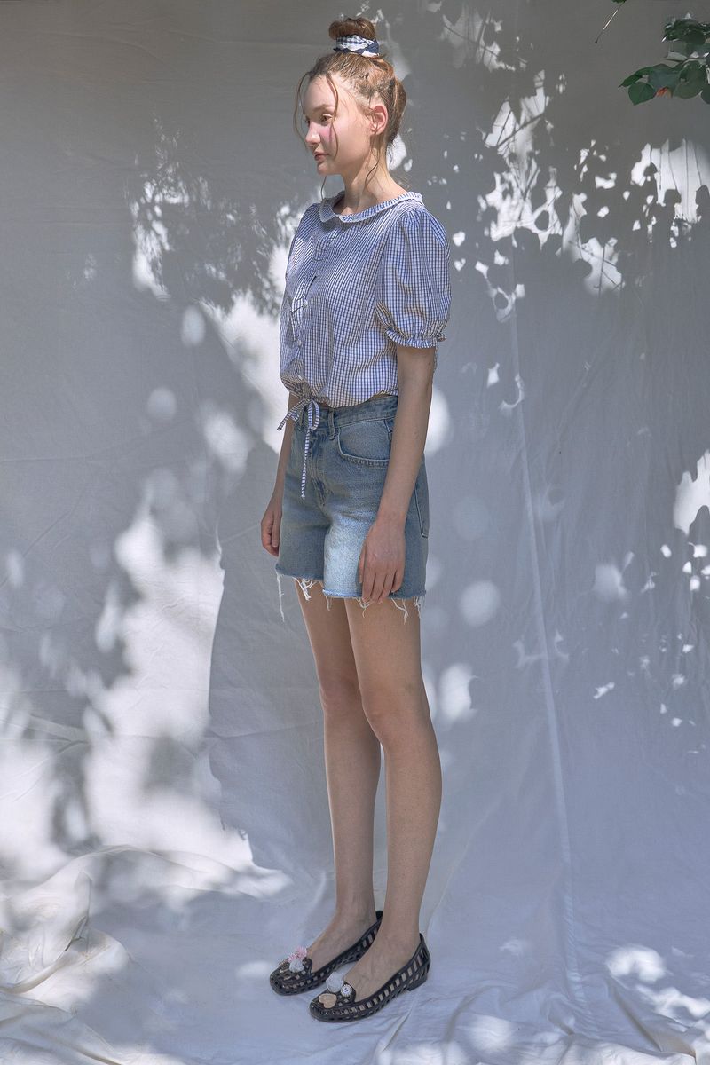 Frill Gingham Blouse [Blue]