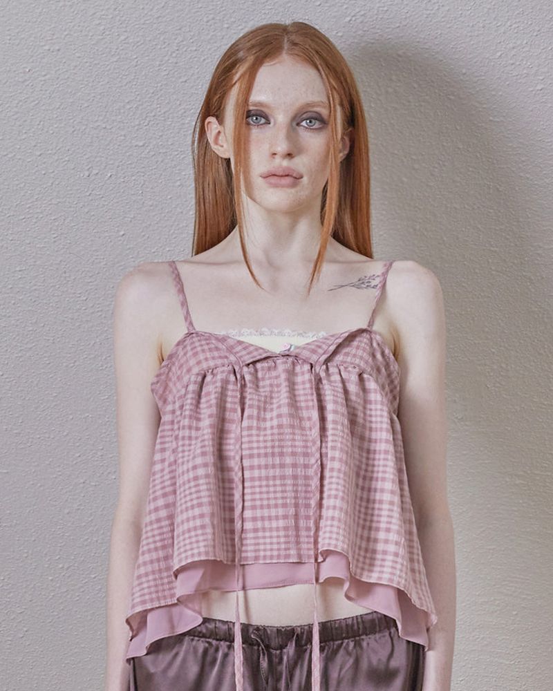 check layered ribbon sleeveless / pink