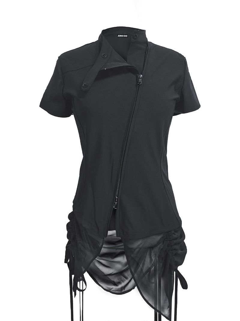 JUNGDO（ジョンド）の「CURVED ZIP-UP SHIRT WITH LAYER . COOL BLACK（Tops）」