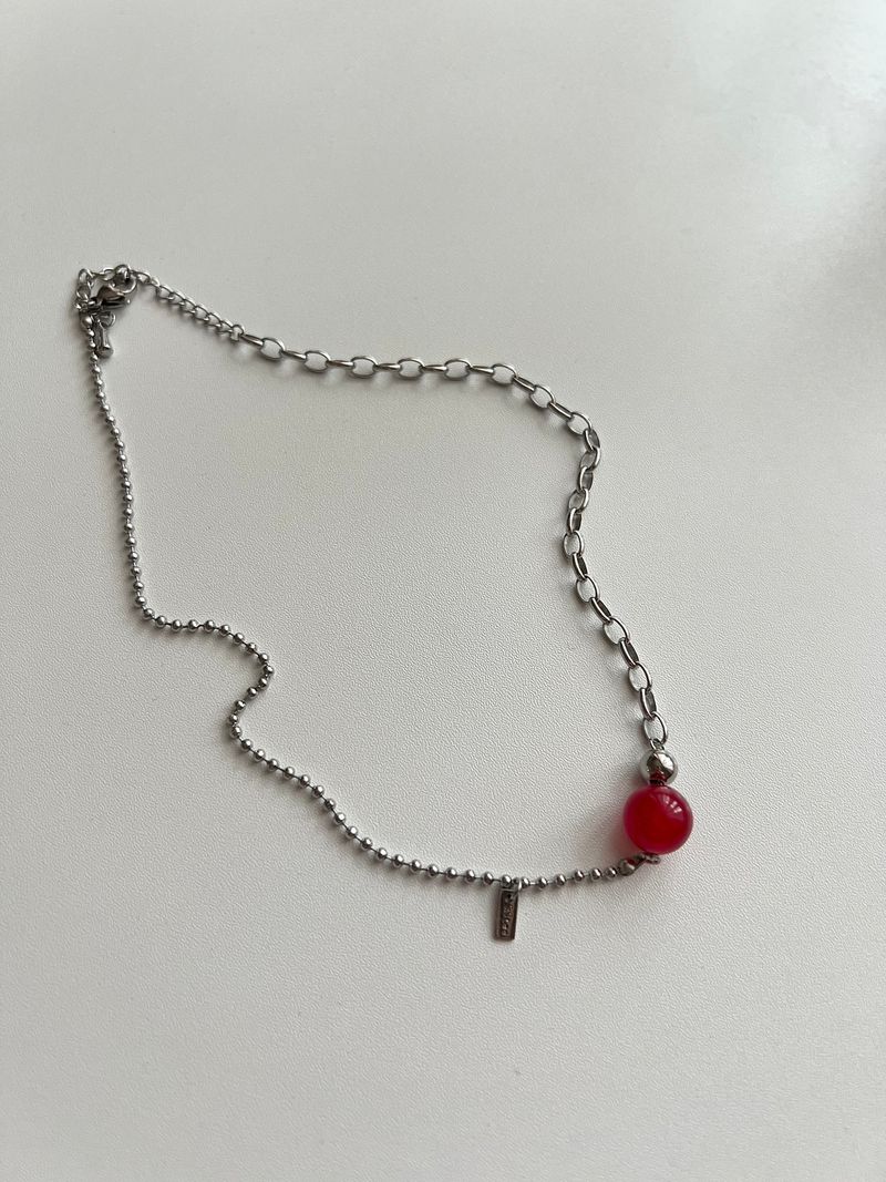 Ret Red Jade Stone Christmas Gift Recommendation Stainless Steel Bold Ball Layered Choker Short Beads Necklace