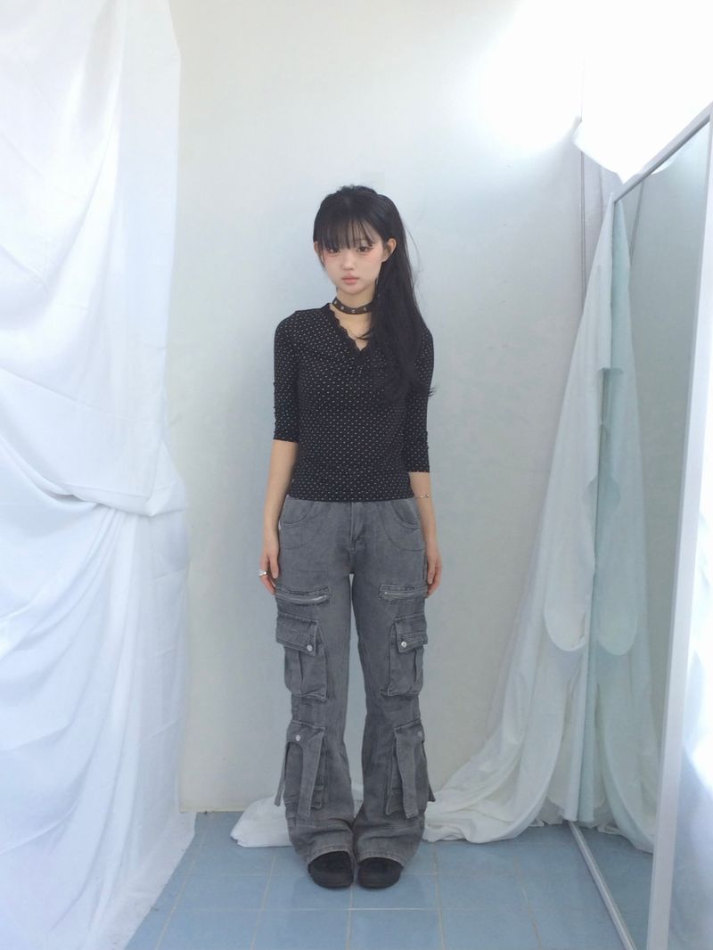Pocket-line zipper bootcut pants