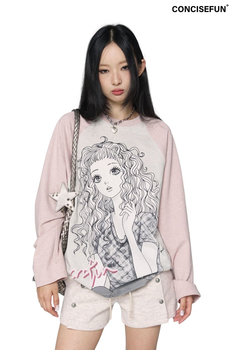 CONFUN（コンファン）の「CONFUN original cute girl print contrasting color shoulder sleeve all-cotton loose long-sleeved T-shirt（Tops）」
