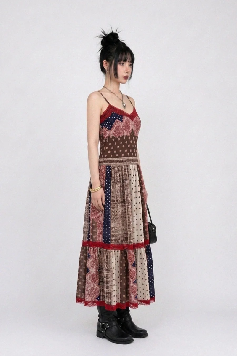 ETHNIC PATCHWORK LACE MAXI DRESS