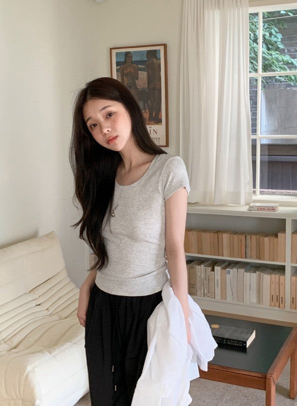 Basic Slim Rib U-neck Short Sleeve T-shirt (5color)