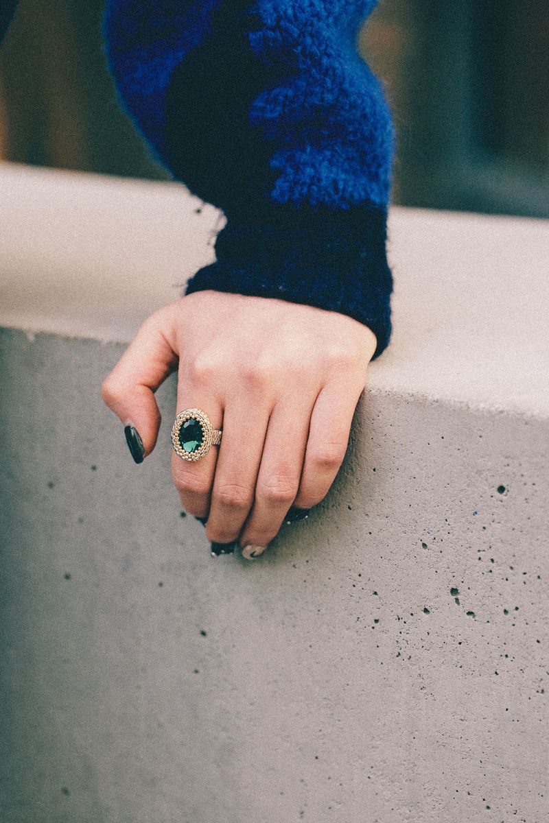 14k Gold & Silver Crystal Beads Ring (Green)
