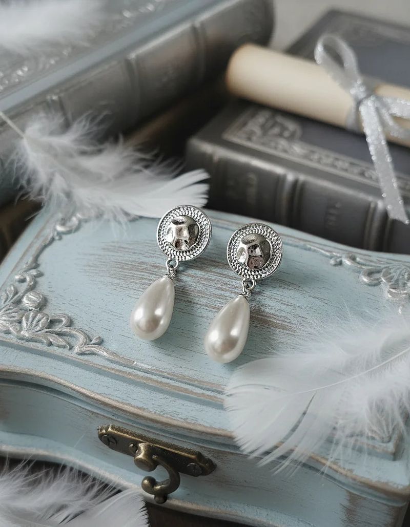 Ethnic Button and Long Pearl Earrings - Silver Color