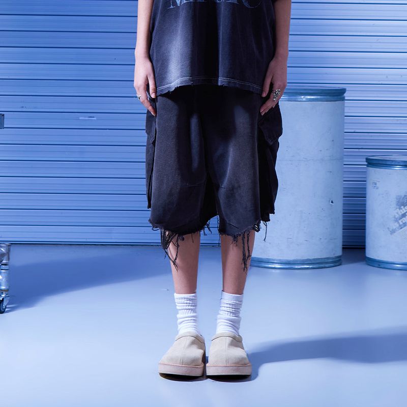 Dirty wide bermuda pants_Denim black