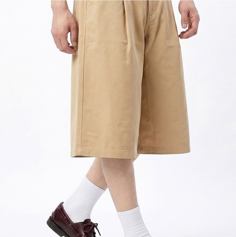 Wide Cotton Pleated Bermuda Shorts Beige