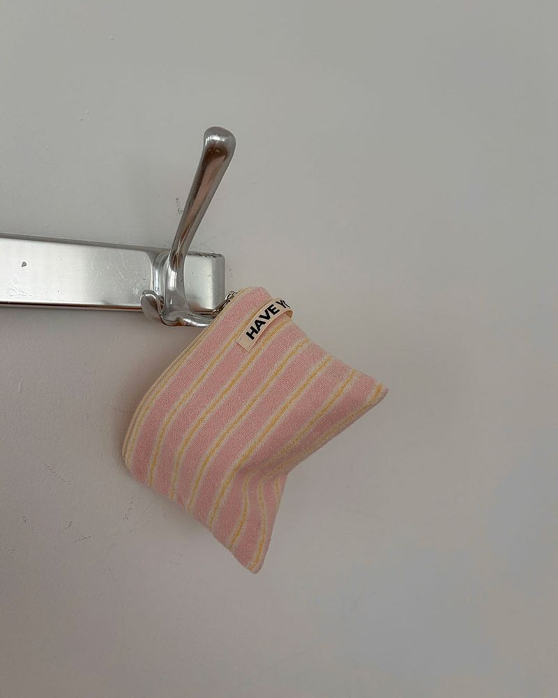 Terry candy stripe flat pouch - pink , S size