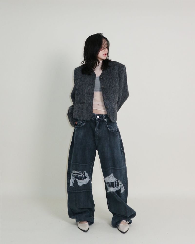 Linda Brush Mohair Crop Long Sleeve Jacket