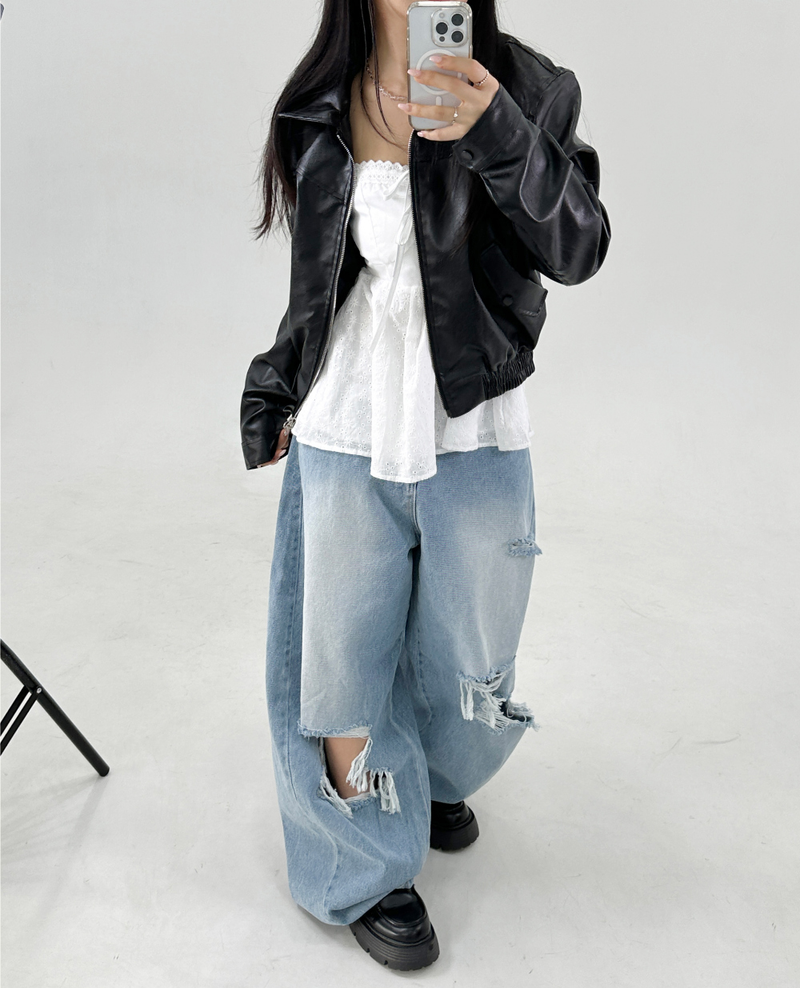 BLOUSON LEATHER JACKET 2-WAY ZIP-UP🖤