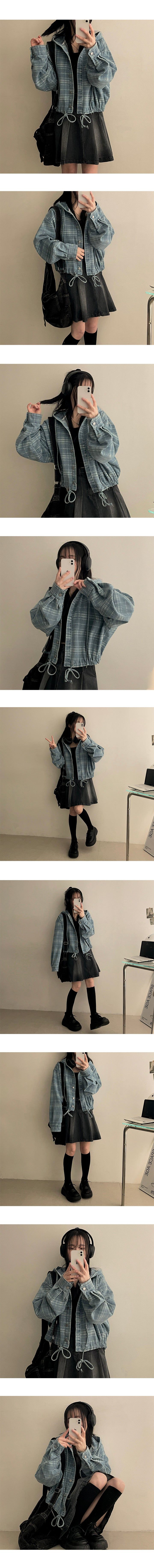 Ready strap checkered hooded denim jacket