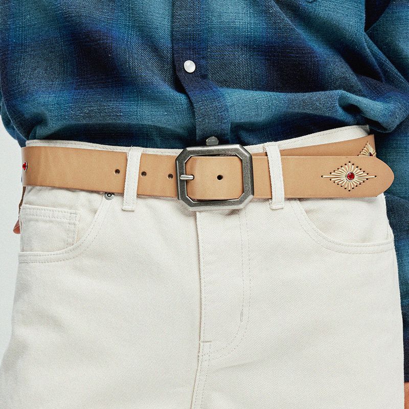 crystal stud & wax thread leather belt beige
