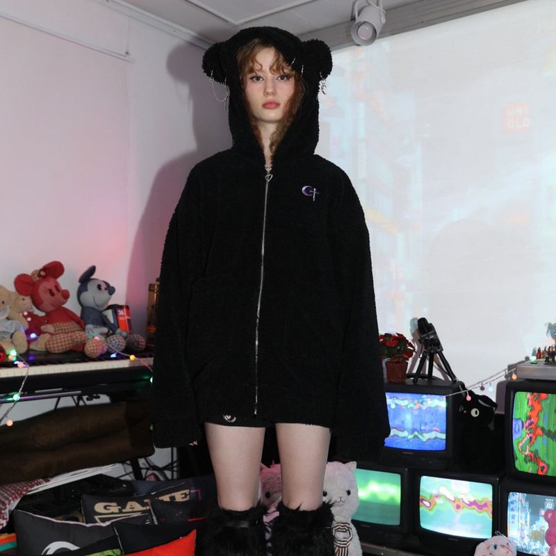 0 1 punk bear fleece jacket - BLACK