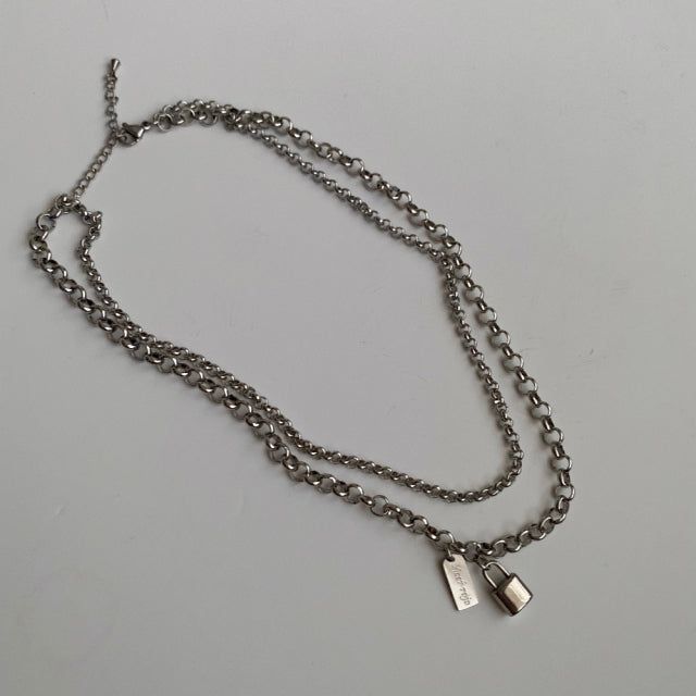 jmul Bold Lock Two Lines Chain Choker Necklace
