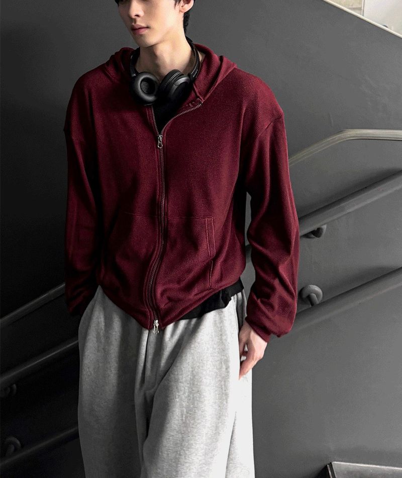 Marom Waffle Two-Way Hooded Zip-Up