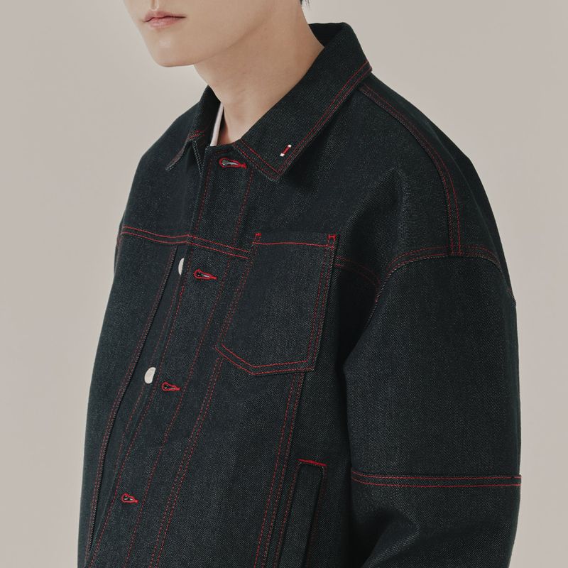 ROMANTIC CROWN(ロマンティッククラウン)の「STITCH DENIM TRUCKER JACKET_BLACK(Jackets/Outerwear)」