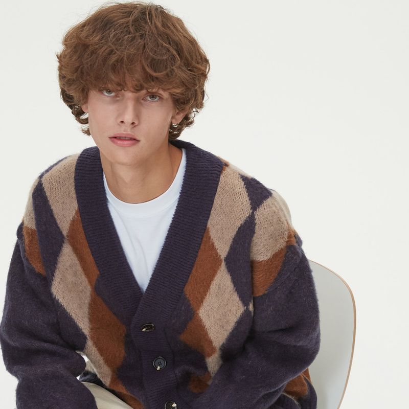 BRUSHED ARGYLE KNIT CARDIGAN_NAVY