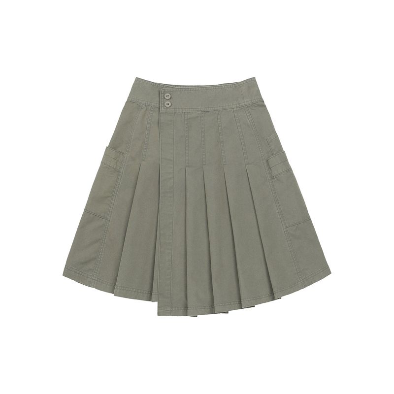 Layered Pocket Pleated Wrap Skirt - ASH BROWN