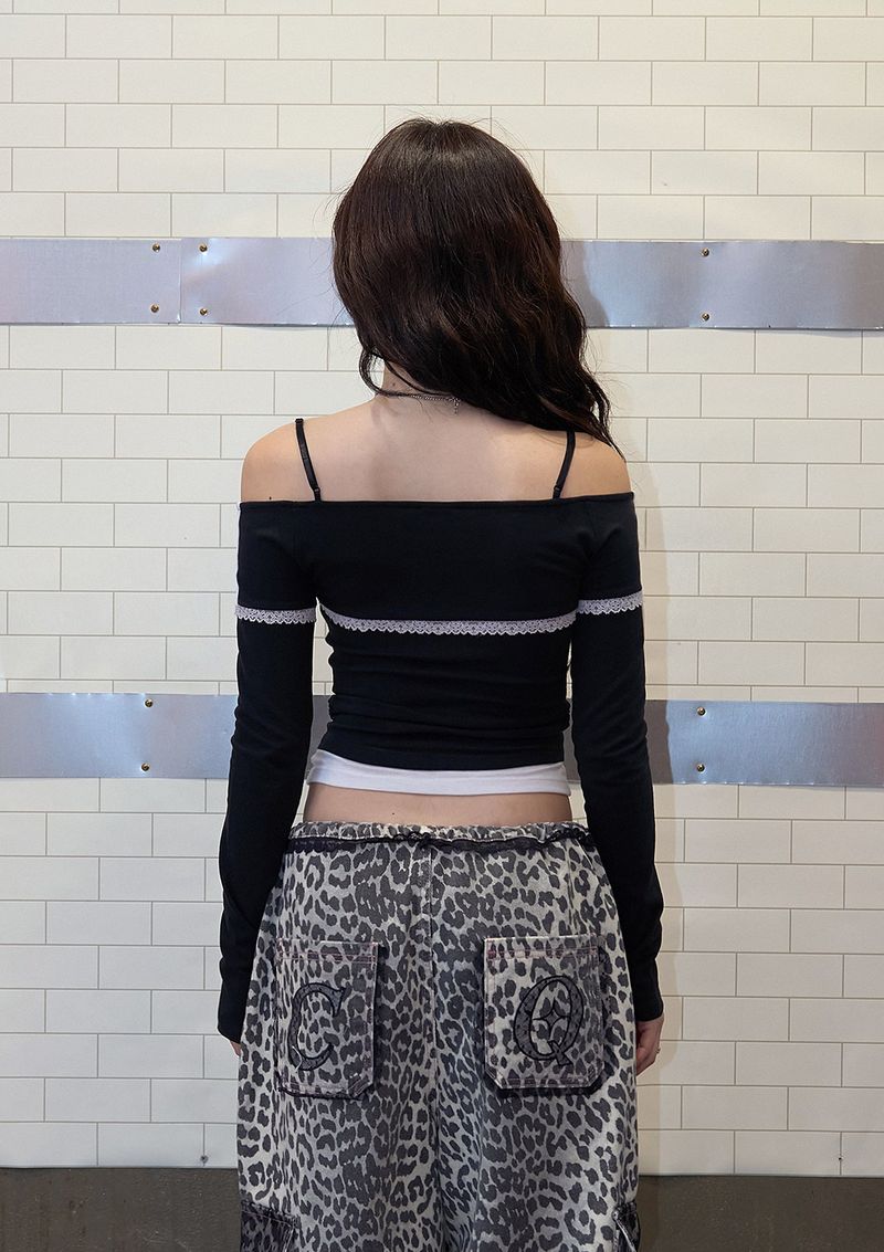 lace layered off shoulder sleeve - black
