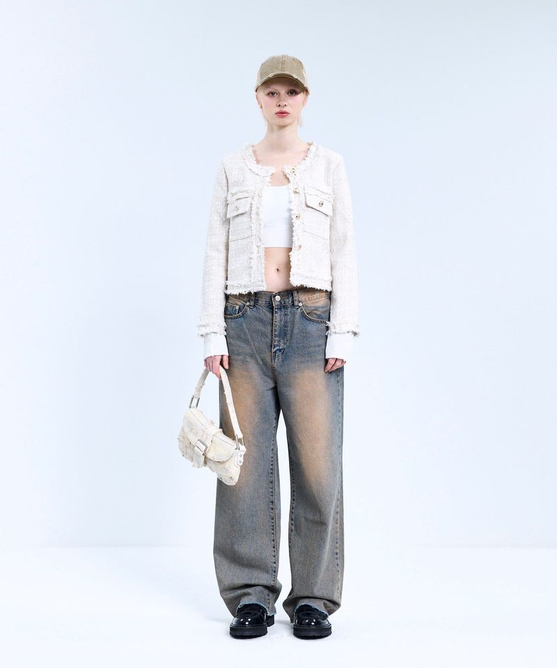 85-VIVAJ048 Multi-Color Crop Tweed Jacket Ivory