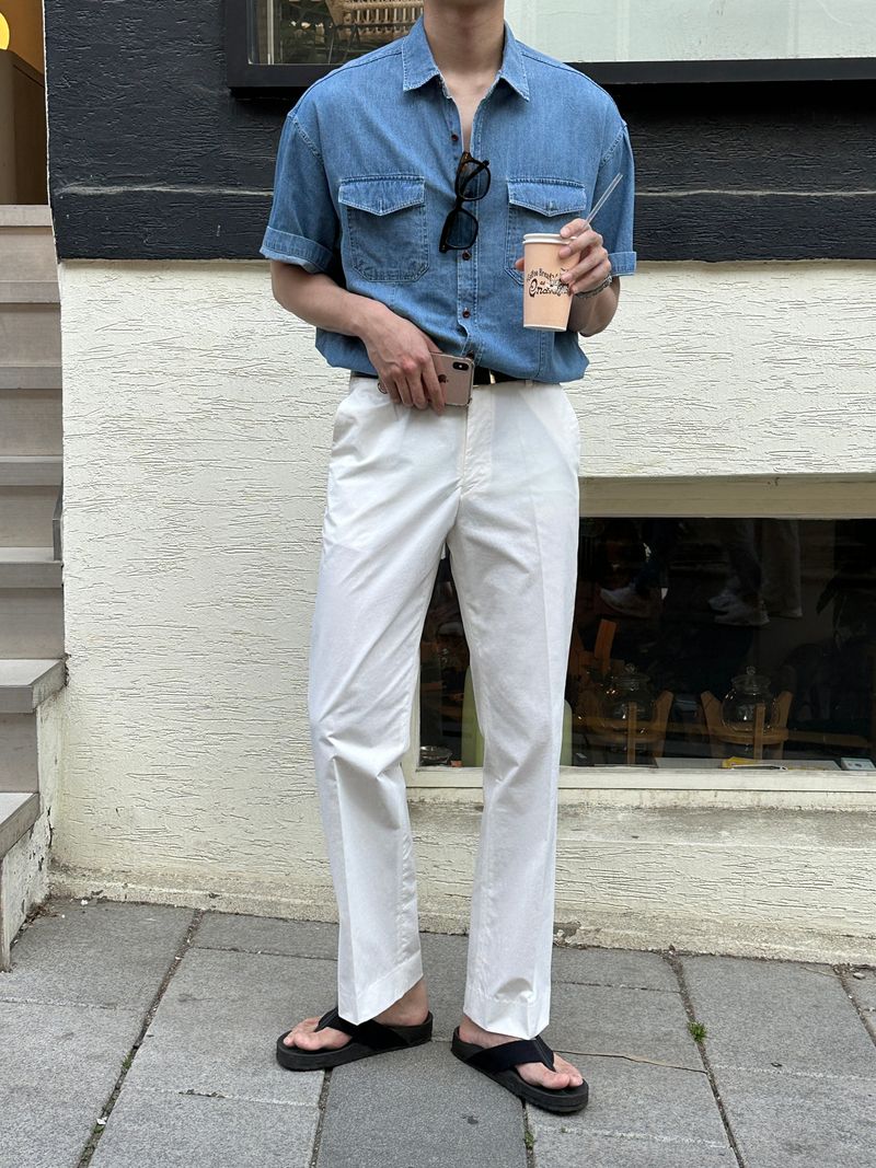 LMN Semi-Over Button Half Denim Shirt (2 colors)