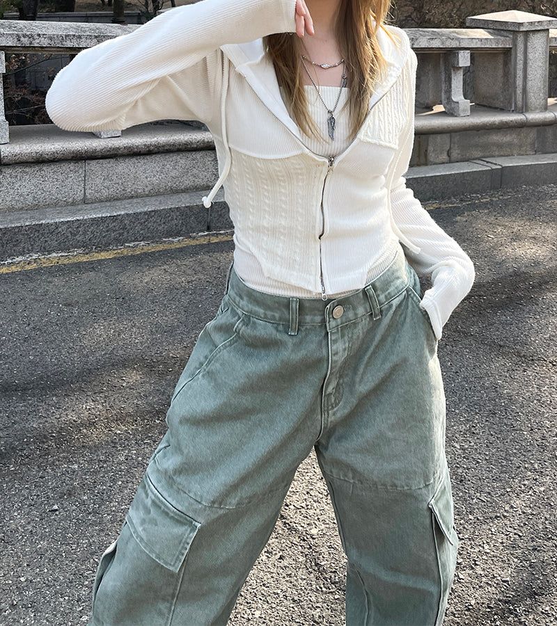 Ding denim slit wide cargo pants