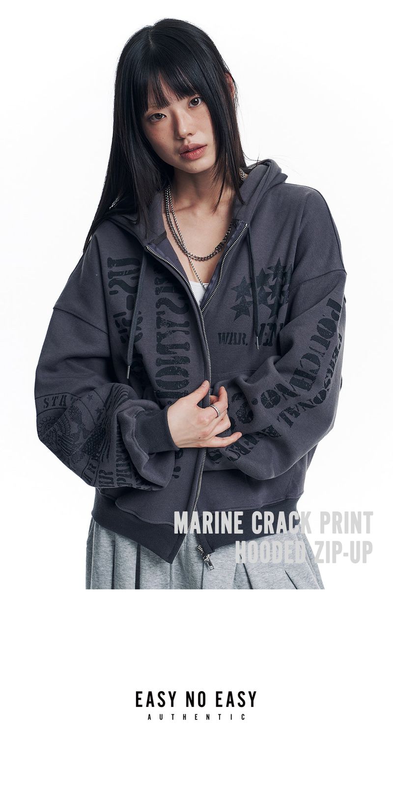 Marine Crack Print Hooded Zip-Up - Charcoal