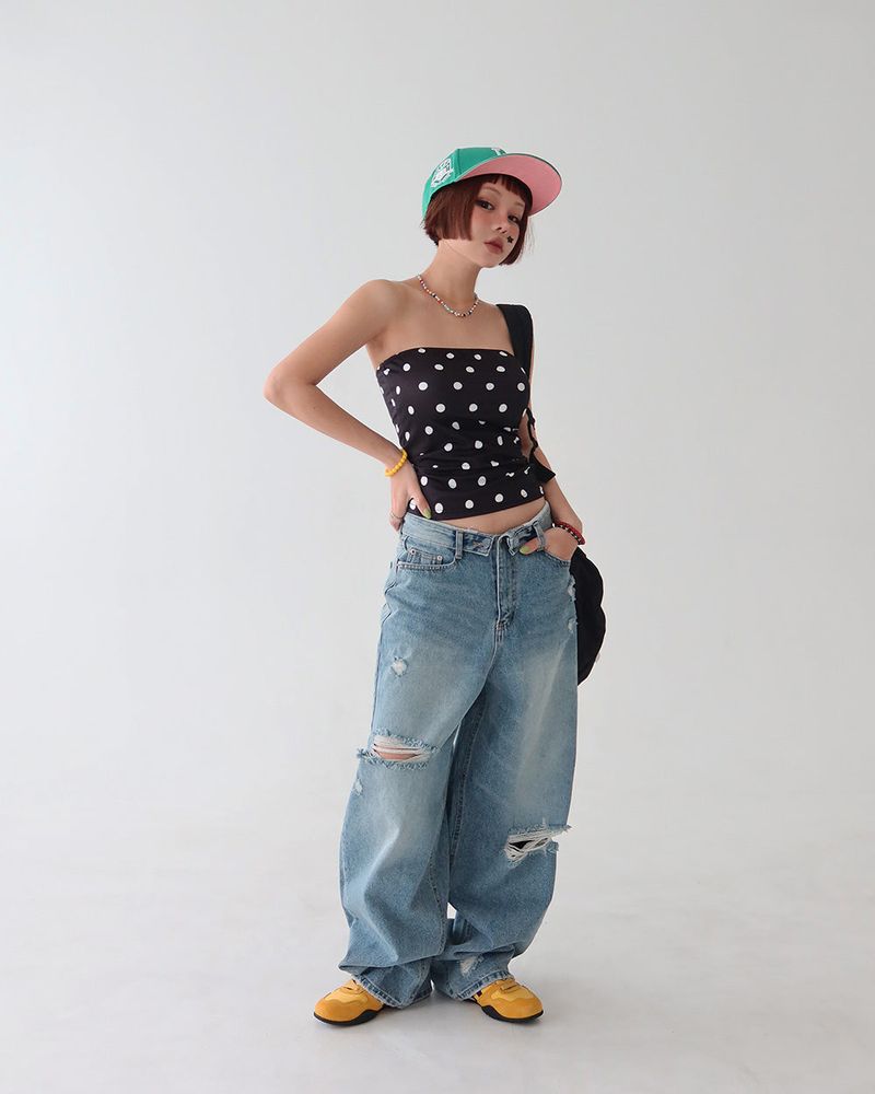 Roll-up collar vintage cutting wide denim