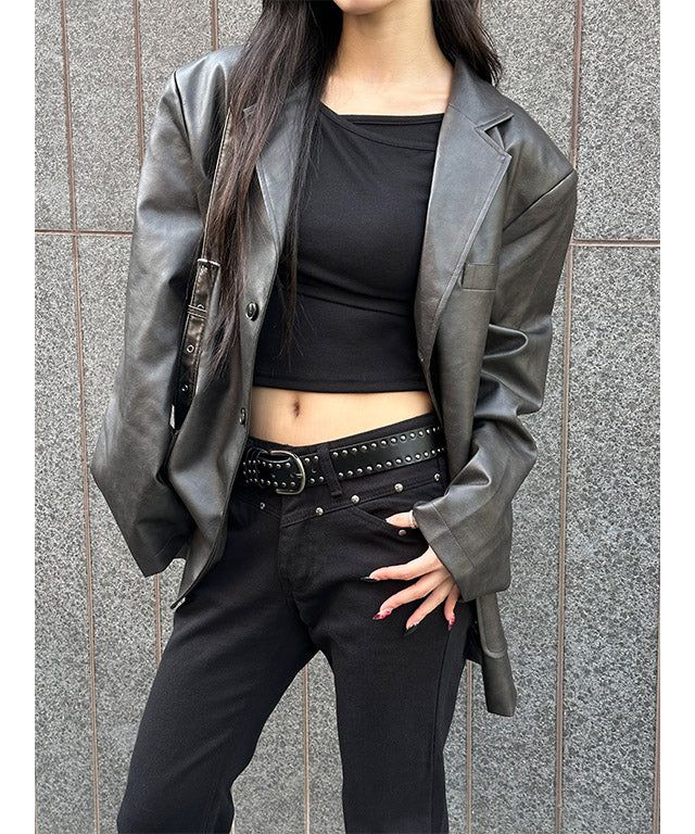 MUZESEOUL（ミューズソウル）の「[Unisex] レザーエイジングオーバーフィットブレザー(2color)（ジャケット/アウター）」