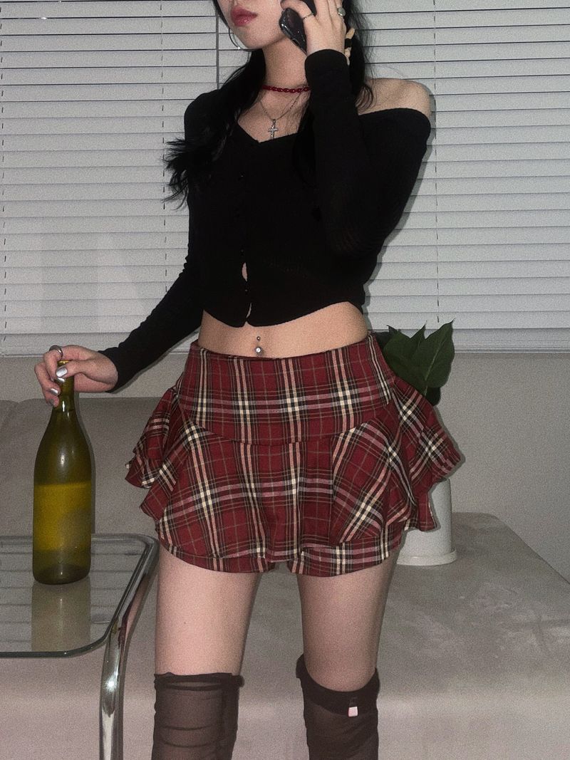 Frill checker skirt pants